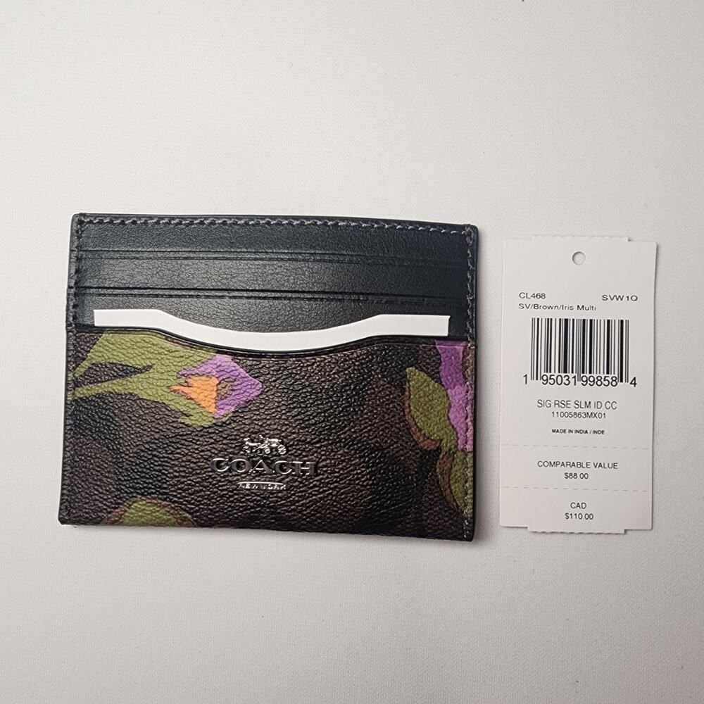 NWT COACH CL468 Slim ID Card Case Signature Canvas Rose Iris Multi